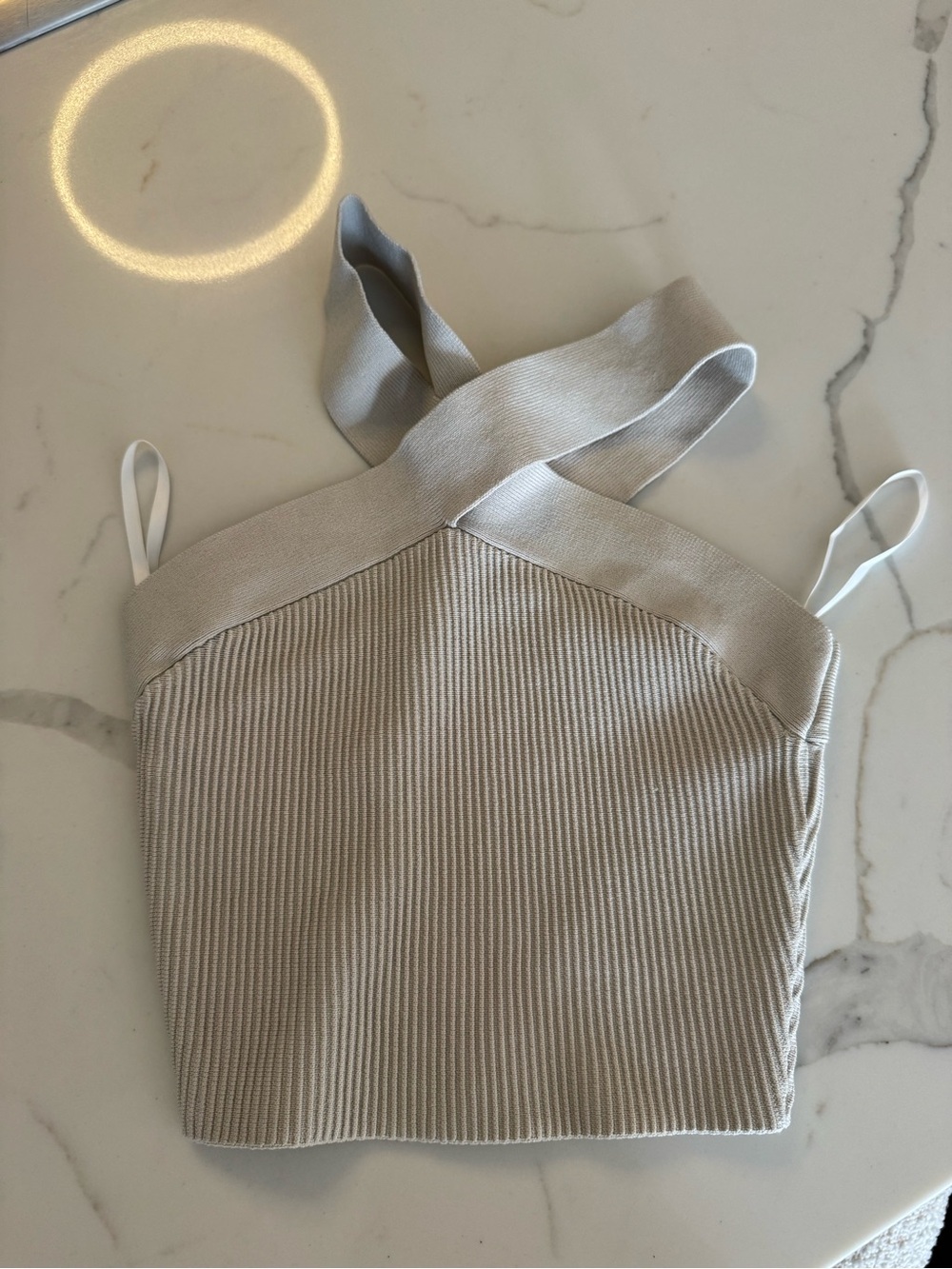 Aritzia Beige Cross-Strap Ribbed Crop Top